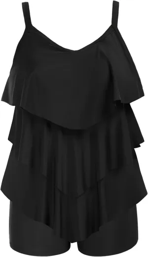 Hanna Nikole Womens Plus Size Two Piece Tankini Swimsuits 3-Tiered Ruffle Flounce Top with High Waisted Bottom