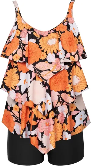 Hanna Nikole Womens Plus Size Two Piece Tankini Swimsuits 3-Tiered Ruffle Flounce Top with High Waisted Bottom