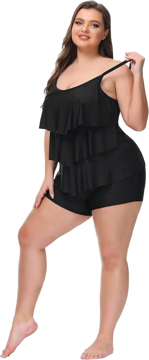 Hanna Nikole Womens Plus Size Two Piece Tankini Swimsuits 3-Tiered Ruffle Flounce Top with High Waisted Bottom