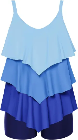 Hanna Nikole Womens Plus Size Two Piece Tankini Swimsuits 3-Tiered Ruffle Flounce Top with High Waisted Bottom
