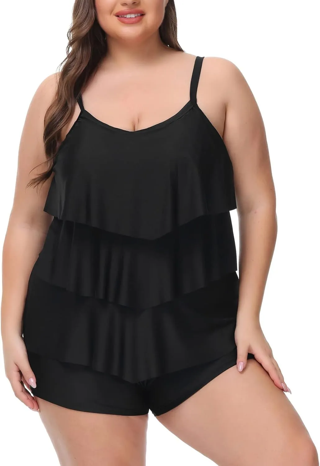 Hanna Nikole Womens Plus Size Two Piece Tankini Swimsuits 3-Tiered Ruffle Flounce Top with High Waisted Bottom
