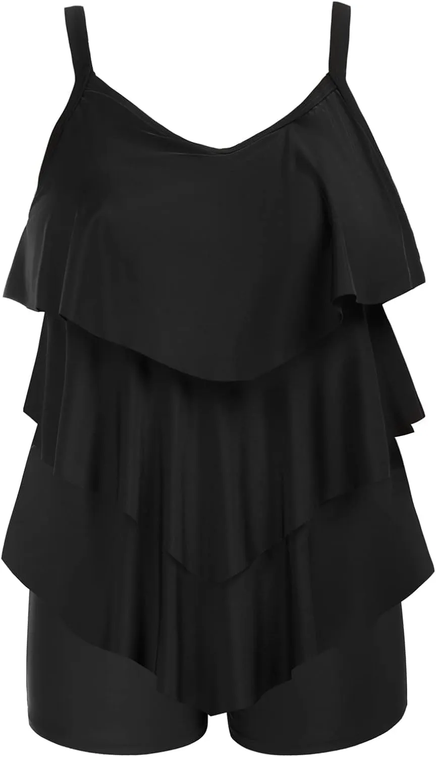Hanna Nikole Womens Plus Size Two Piece Tankini Swimsuits 3-Tiered Ruffle Flounce Top with High Waisted Bottom
