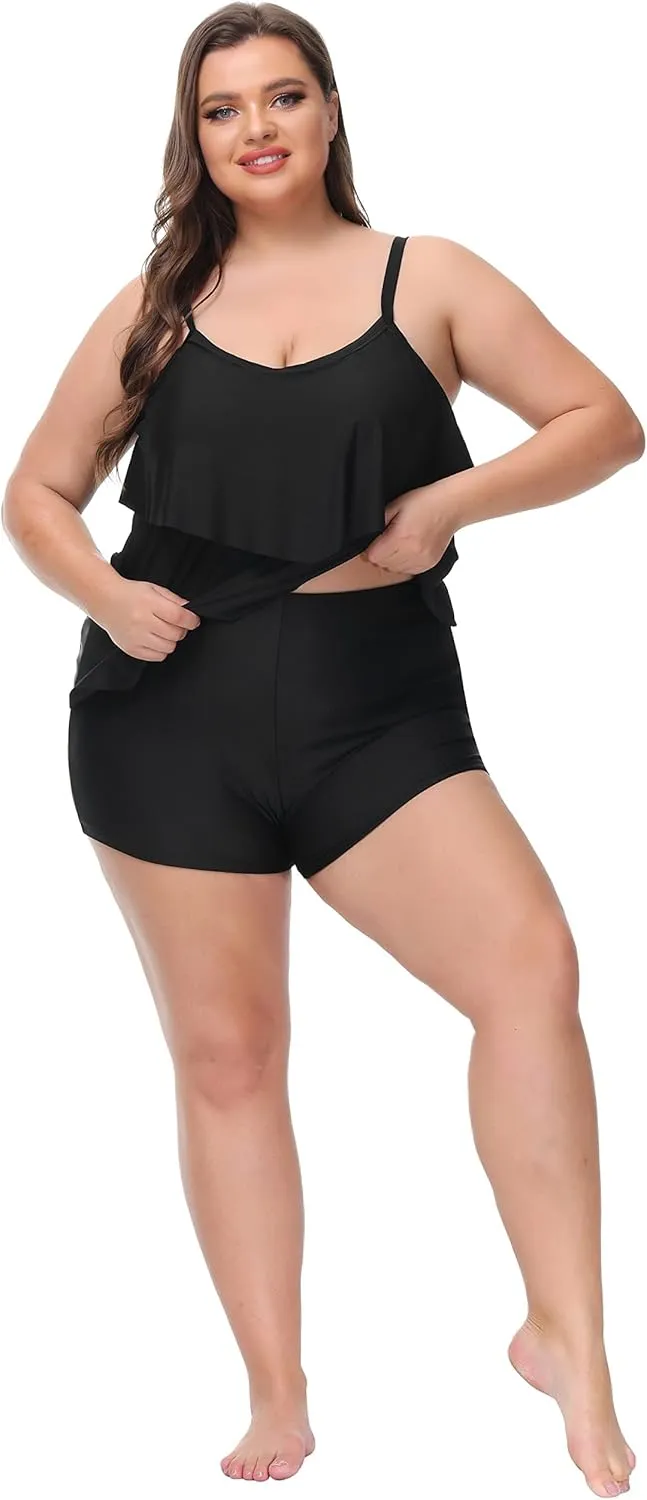 Hanna Nikole Womens Plus Size Two Piece Tankini Swimsuits 3-Tiered Ruffle Flounce Top with High Waisted Bottom