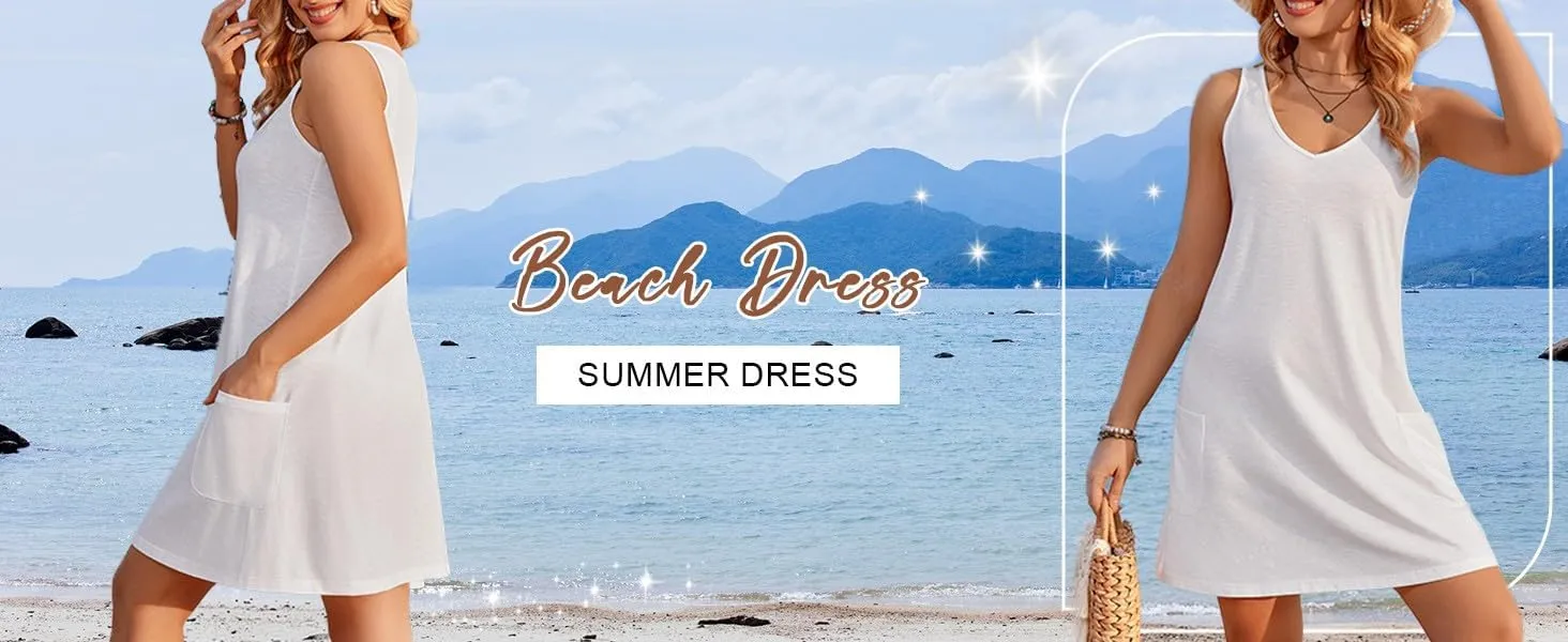 Hawaiian Sundress for Women 2025 Summer Beach Casual Swimsuit Cover up with Pockets Sleeveless V Neck Loose Tank Dress
