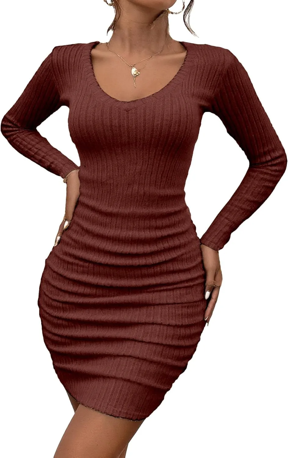 HBQ Women's Pullover Sweater Dress Casual Long Sleeve Cute Ribbed Knit V Neck Bodycon Mini Sweaters Dresses