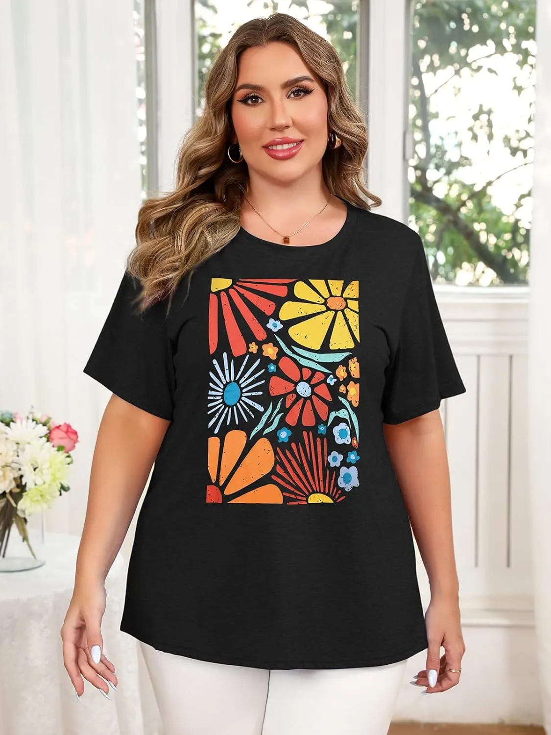 HDLTE Plus Size Tshirts for Women  Oversized Graphic Tees Short Sleeve Crewneck Cute Casual Tops Loose Summer Outfit 2025