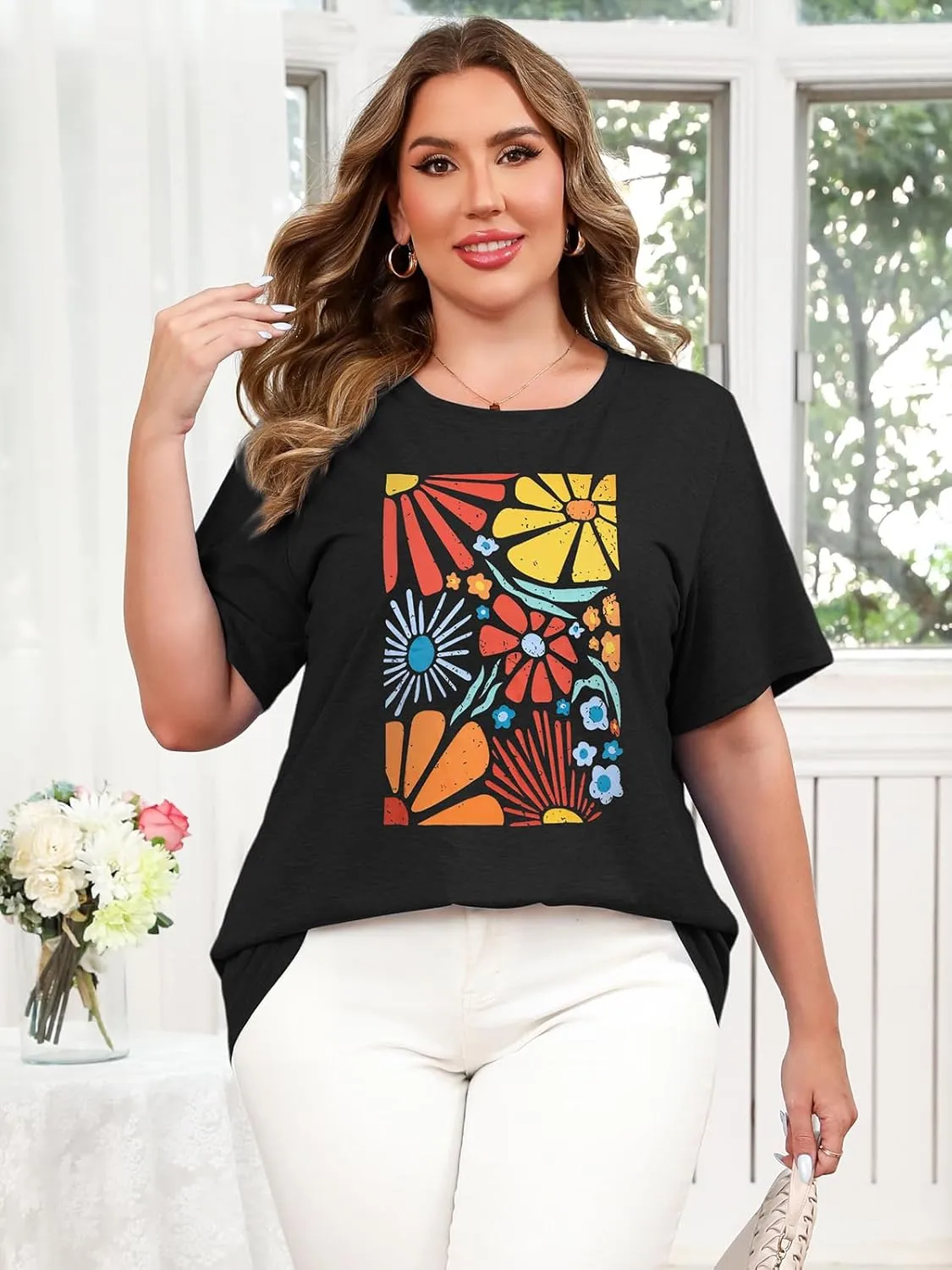 HDLTE Plus Size Tshirts for Women  Oversized Graphic Tees Short Sleeve Crewneck Cute Casual Tops Loose Summer Outfit 2025
