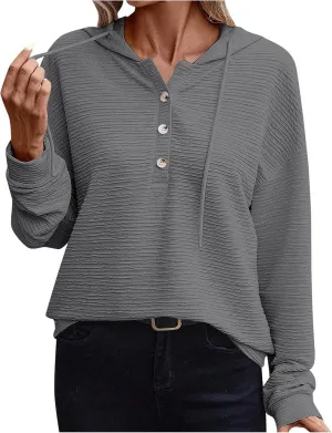 Hoodies for Women 2024 Fashion Fall V Neck Button Down Long Sleeve Casual Cute Hooded Sweatshirts Drawstring Tops