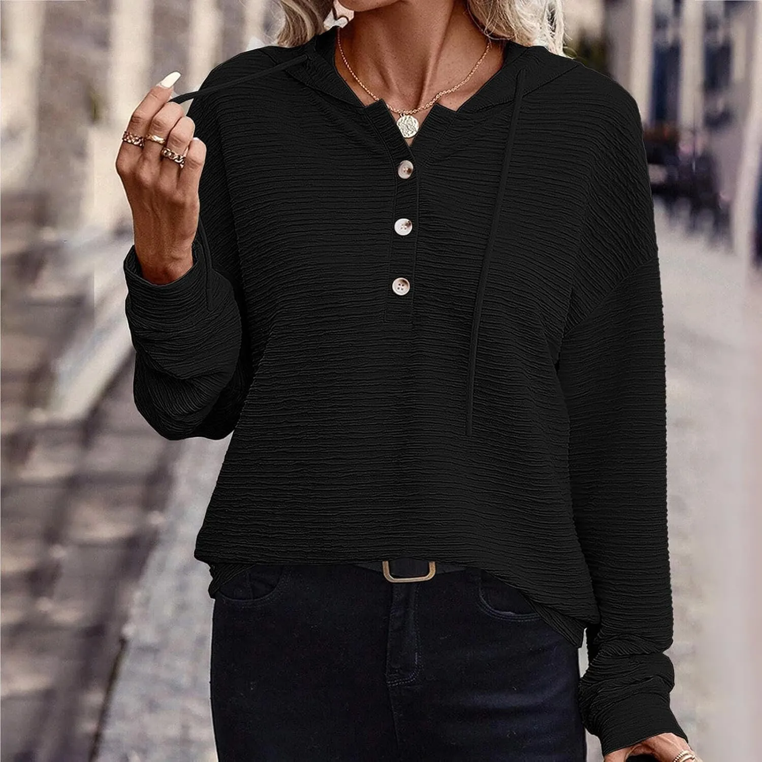 Hoodies for Women 2024 Fashion Fall V Neck Button Down Long Sleeve Casual Cute Hooded Sweatshirts Drawstring Tops