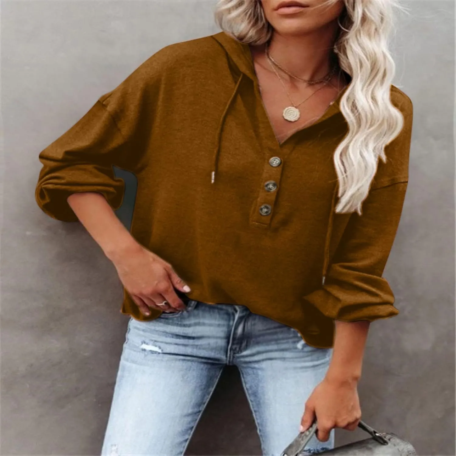 Hoodies for Women Drawstring Button V Neck Long Sleeve Casual Pullover Sweatshirt Hooded Office Work Fall Tops 2024