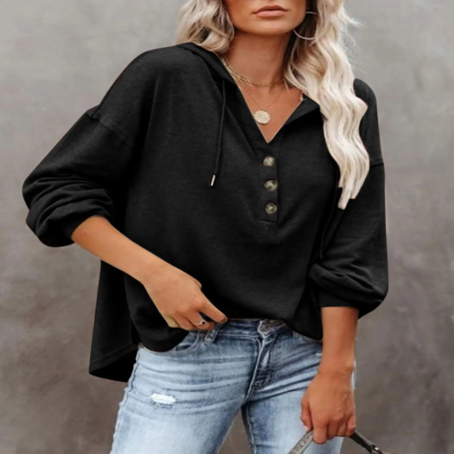 Hoodies for Women Drawstring Button V Neck Long Sleeve Casual Pullover Sweatshirt Hooded Office Work Fall Tops 2024