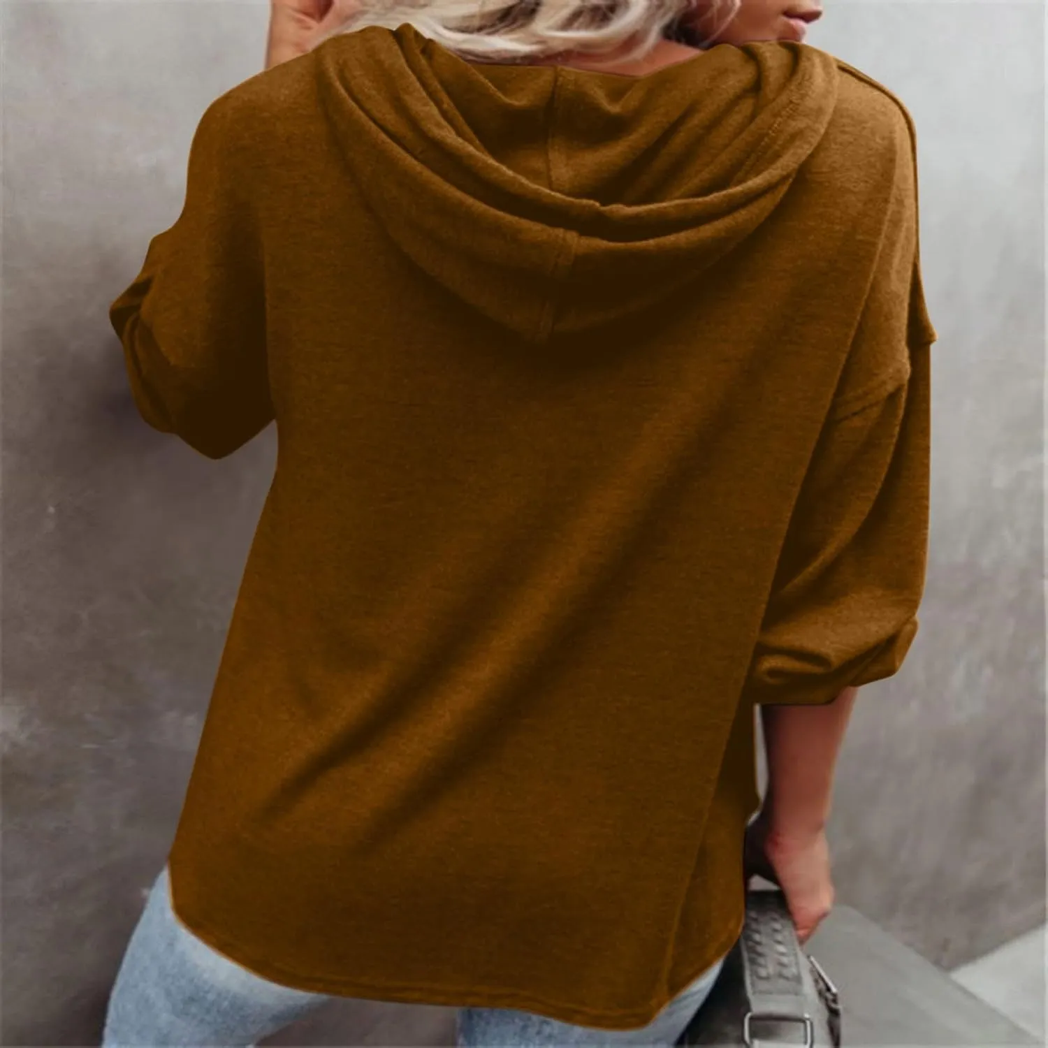 Hoodies for Women Drawstring Button V Neck Long Sleeve Casual Pullover Sweatshirt Hooded Office Work Fall Tops 2024