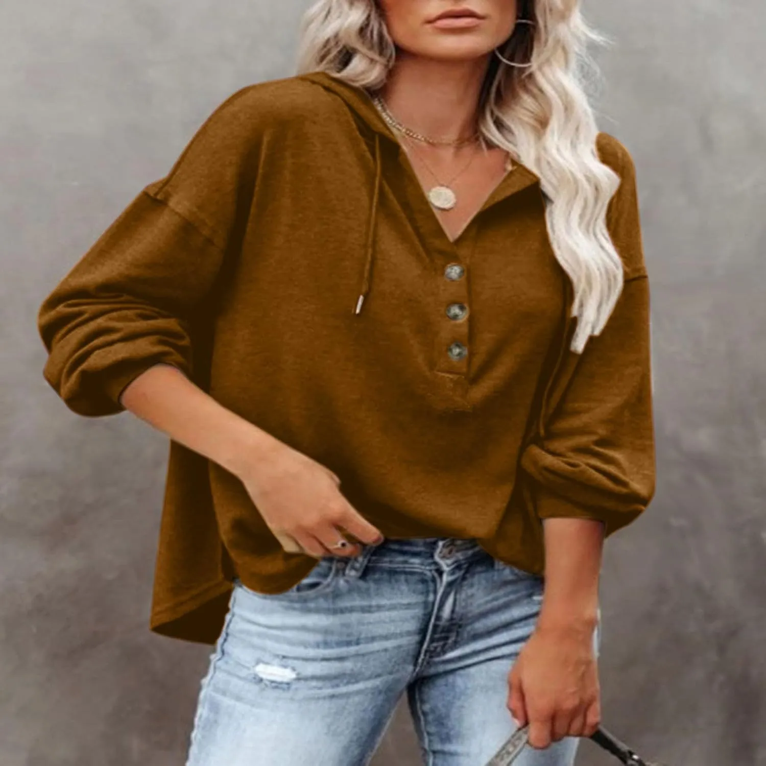 Hoodies for Women Drawstring Button V Neck Long Sleeve Casual Pullover Sweatshirt Hooded Office Work Fall Tops 2024