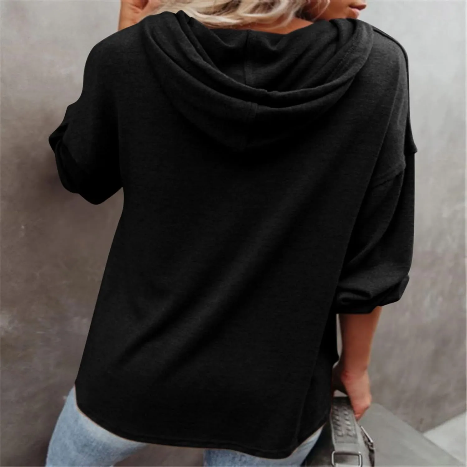 Hoodies for Women Drawstring Button V Neck Long Sleeve Casual Pullover Sweatshirt Hooded Office Work Fall Tops 2024