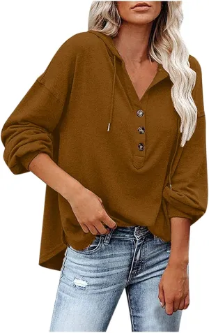 Hoodies for Women Drawstring Button V Neck Long Sleeve Casual Pullover Sweatshirt Hooded Office Work Fall Tops 2024