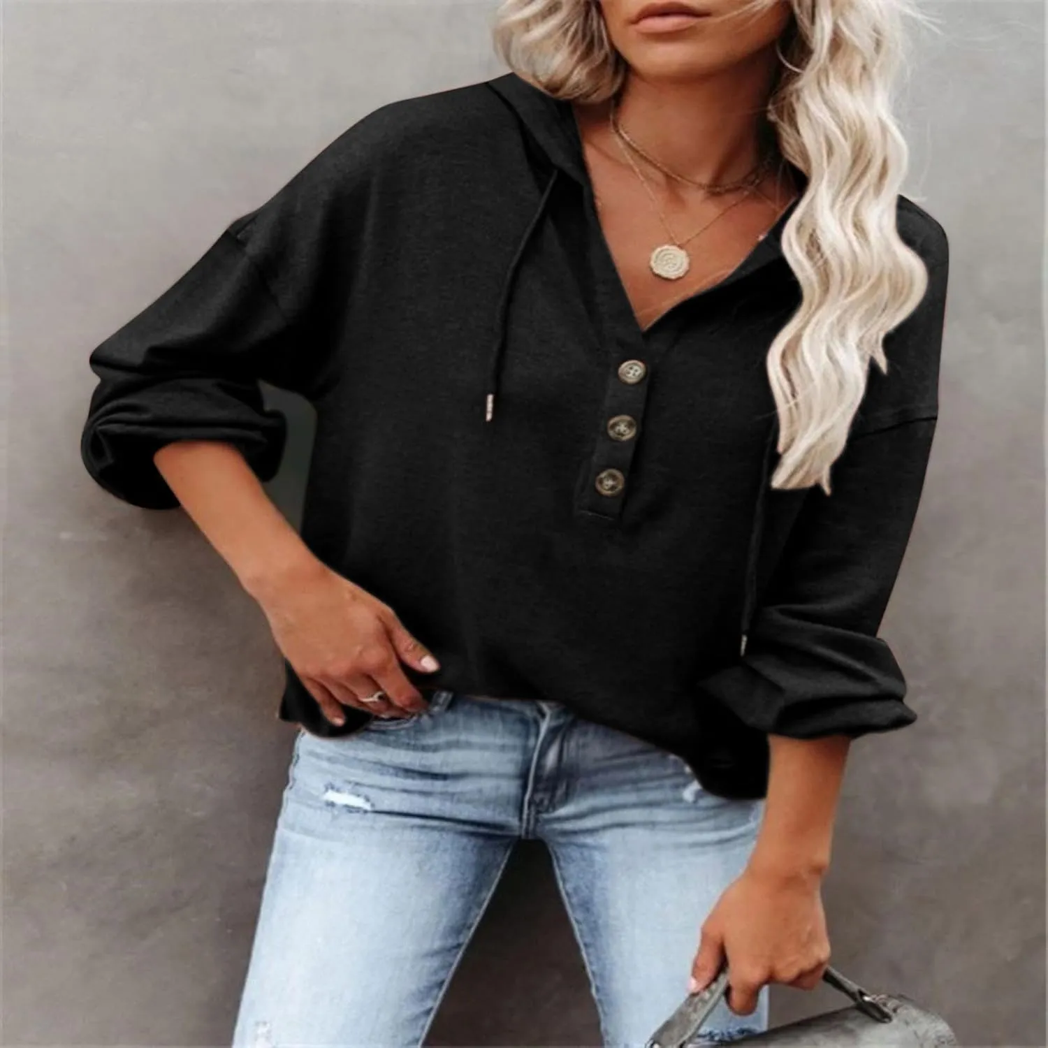 Hoodies for Women Drawstring Button V Neck Long Sleeve Casual Pullover Sweatshirt Hooded Office Work Fall Tops 2024