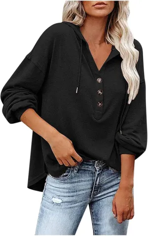 Hoodies for Women Drawstring Button V Neck Long Sleeve Casual Pullover Sweatshirt Hooded Office Work Fall Tops 2024