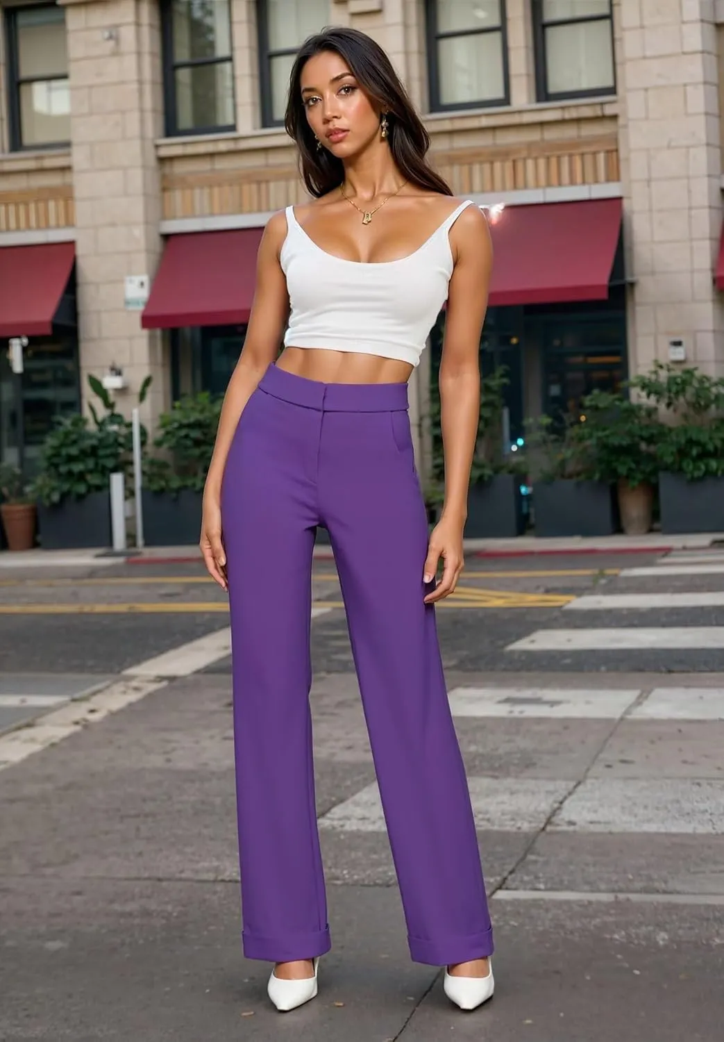 Hybrid & Company Women's High Waisted Straight Leg Suit Pants Business Work Casual Slacks Trousers