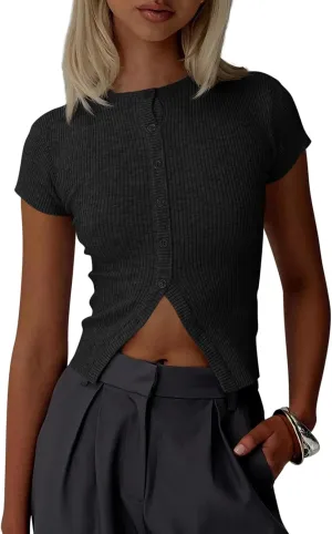 Imily Bela Womens Short Sleeve Sweater Tops Summer Button Down Casual Ribbed Knit Slim Fit Cropped Cardigan Shirts