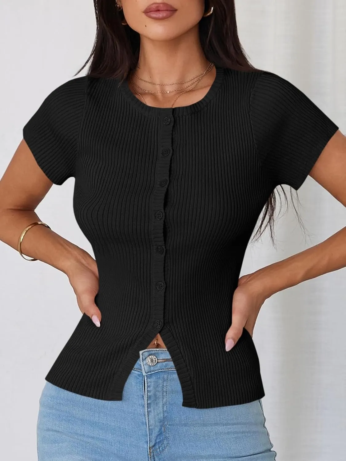 Imily Bela Womens Short Sleeve Sweater Tops Summer Button Down Casual Ribbed Knit Slim Fit Cropped Cardigan Shirts