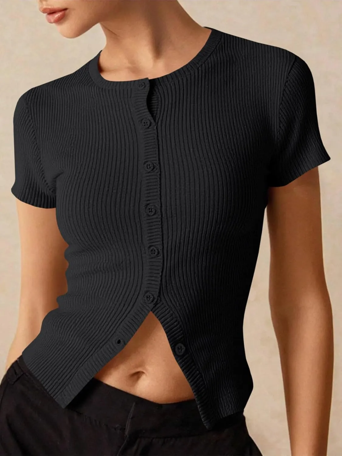 Imily Bela Womens Short Sleeve Sweater Tops Summer Button Down Casual Ribbed Knit Slim Fit Cropped Cardigan Shirts