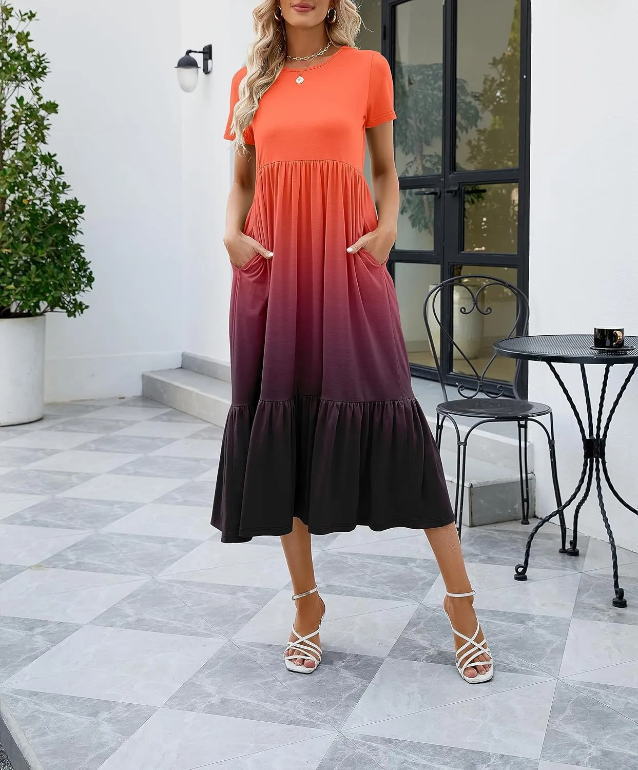 JASPAL Women's Casual Smocked Midi Dress Round Neck Elastic High Waist Flute Dresses Summer