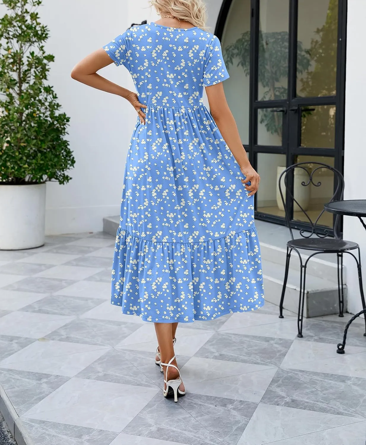 JASPAL Women's Casual Smocked Midi Dress Round Neck Elastic High Waist Flute Dresses Summer