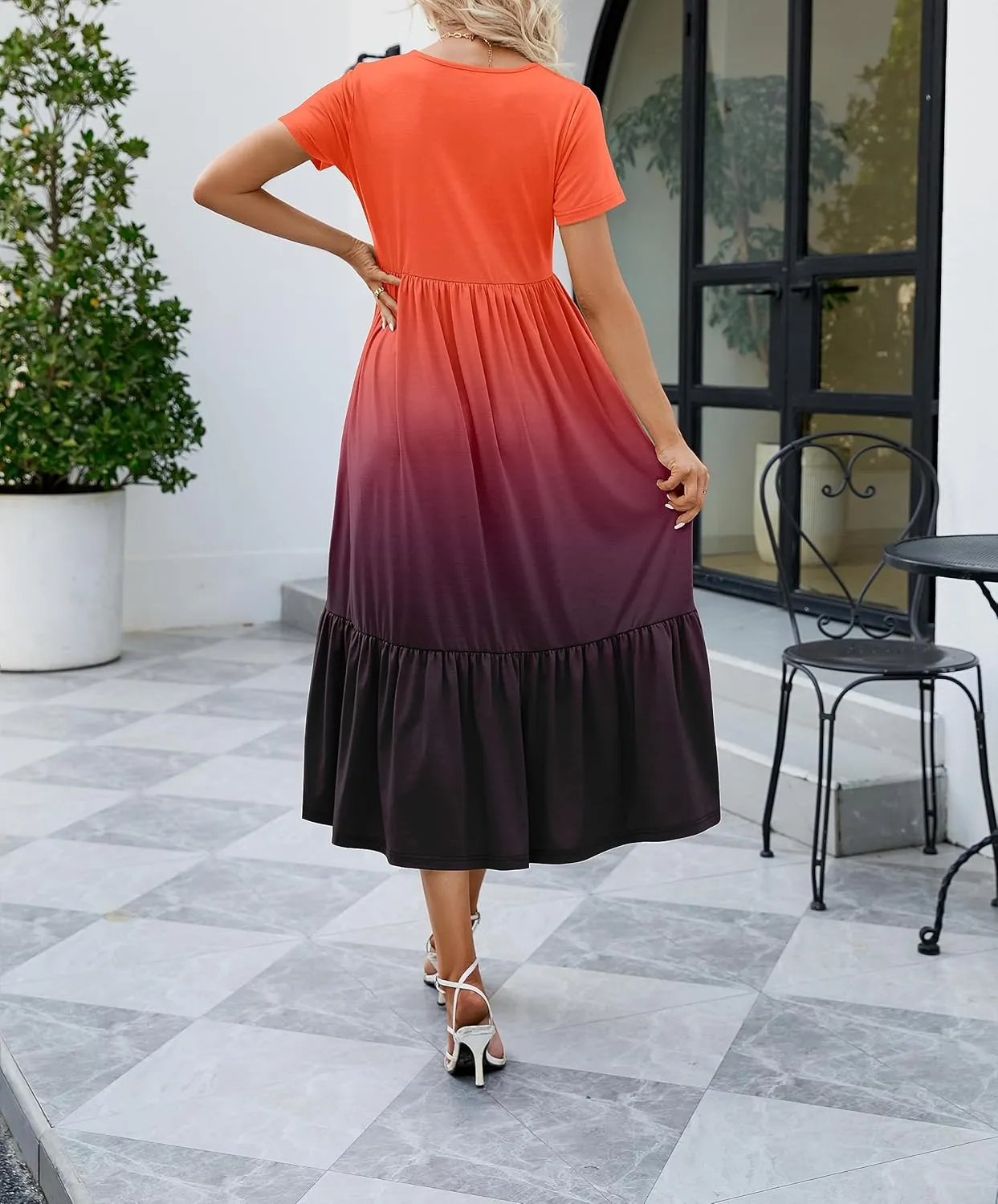 JASPAL Women's Casual Smocked Midi Dress Round Neck Elastic High Waist Flute Dresses Summer