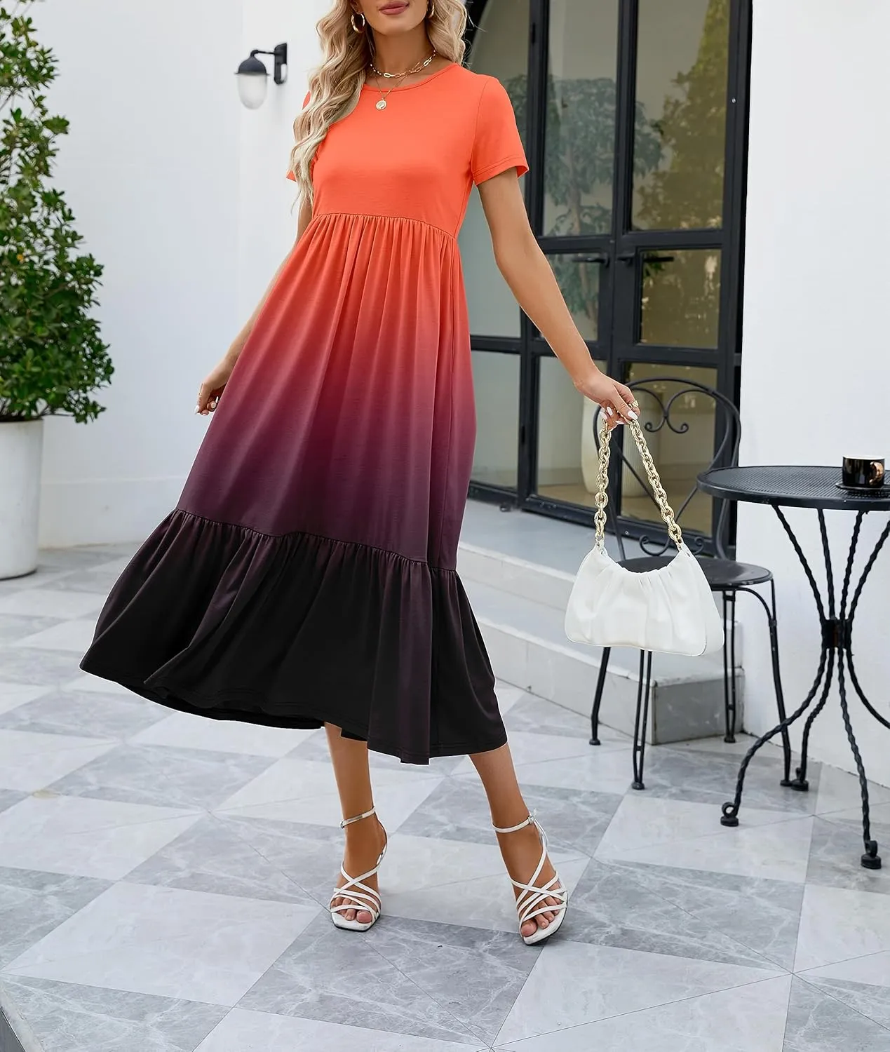 JASPAL Women's Casual Smocked Midi Dress Round Neck Elastic High Waist Flute Dresses Summer