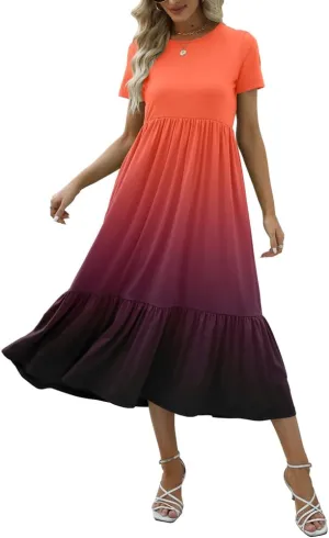 JASPAL Women's Casual Smocked Midi Dress Round Neck Elastic High Waist Flute Dresses Summer
