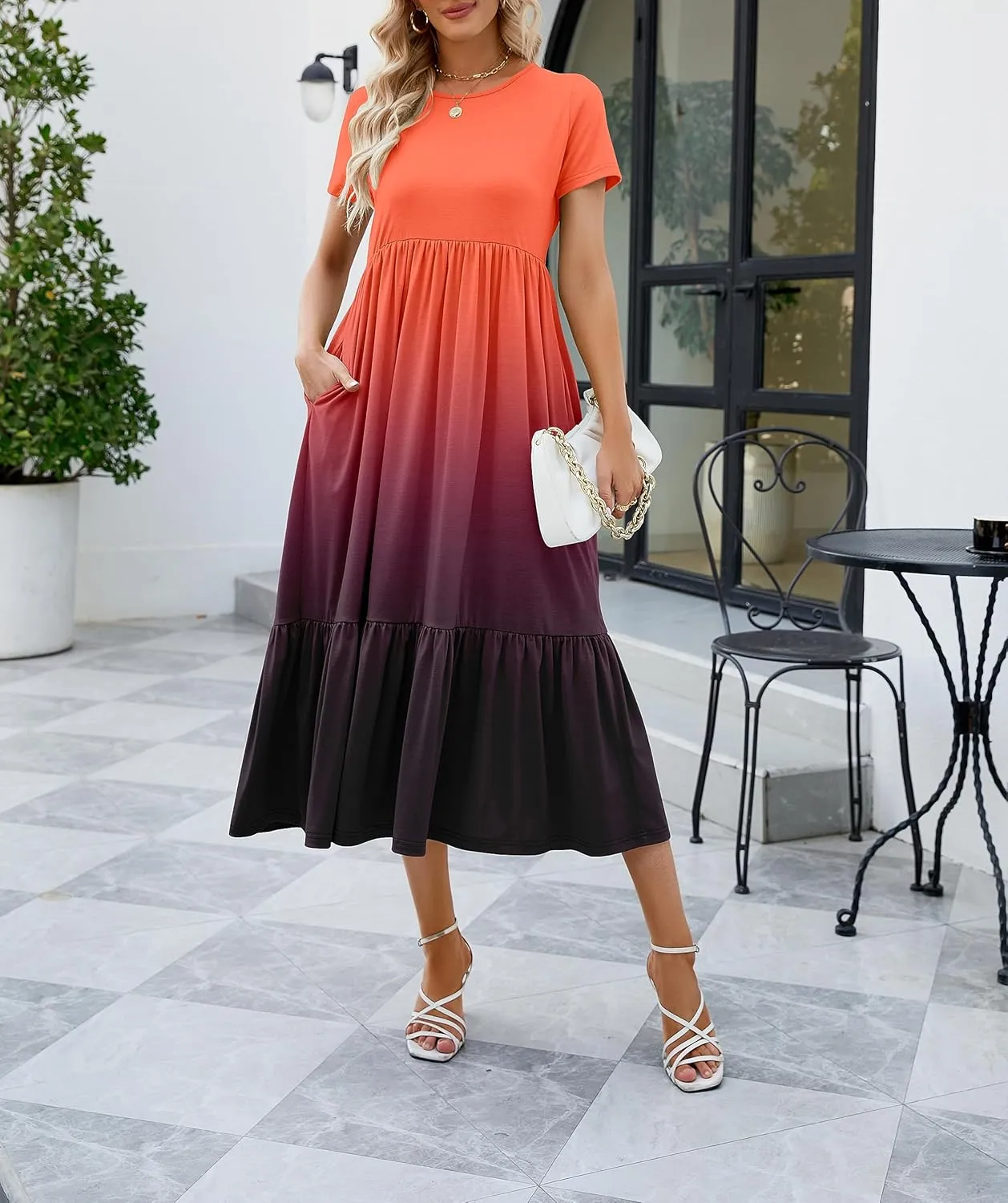 JASPAL Women's Casual Smocked Midi Dress Round Neck Elastic High Waist Flute Dresses Summer