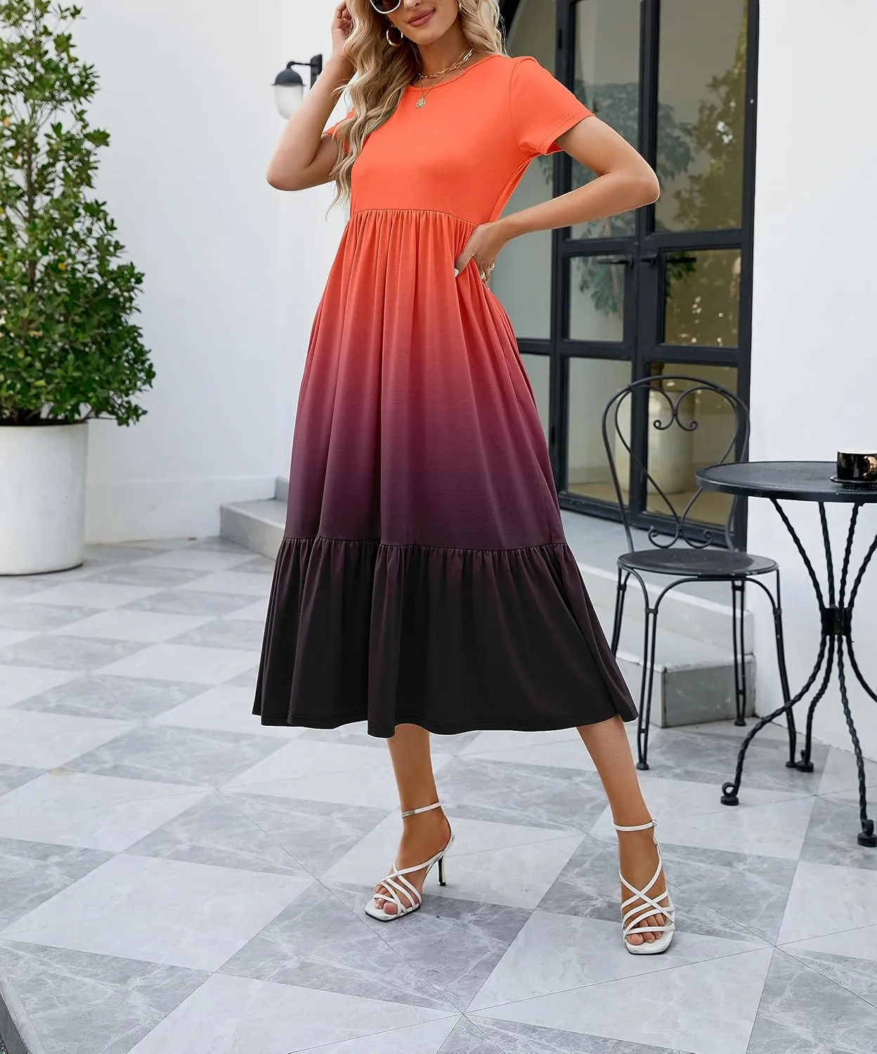 JASPAL Women's Casual Smocked Midi Dress Round Neck Elastic High Waist Flute Dresses Summer