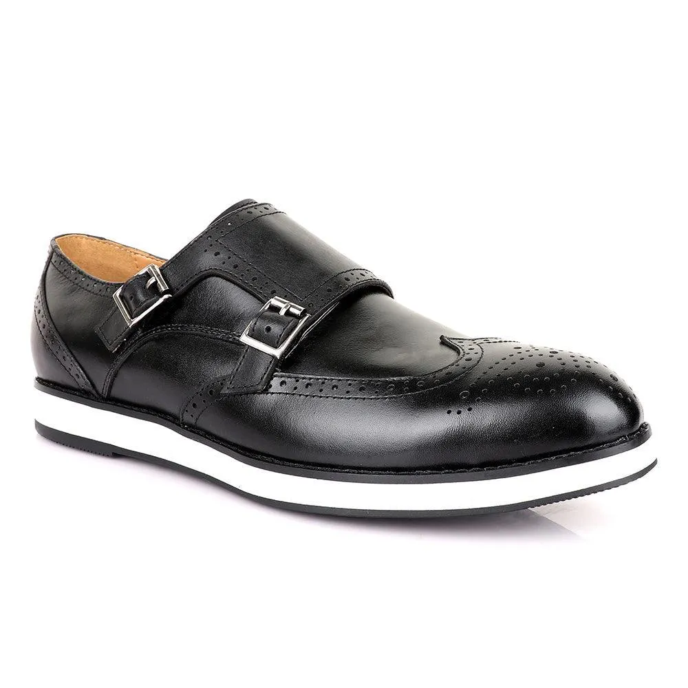 John Foster Mens Double Monk Strap Brogues Shoes-Black