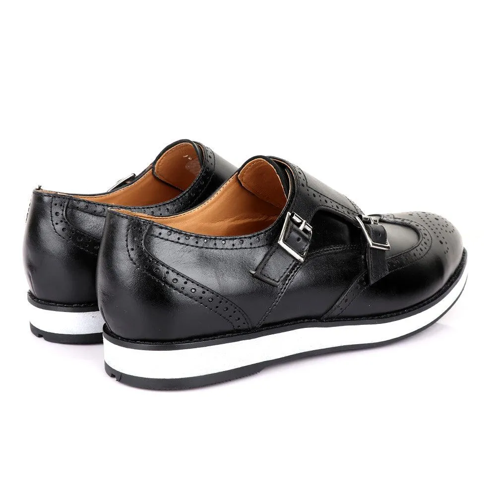 John Foster Mens Double Monk Strap Brogues Shoes-Black