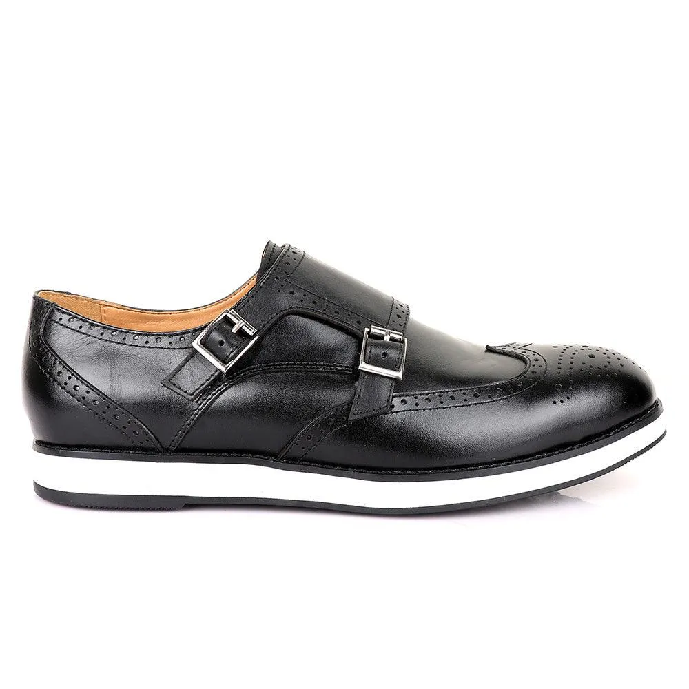 John Foster Mens Double Monk Strap Brogues Shoes-Black