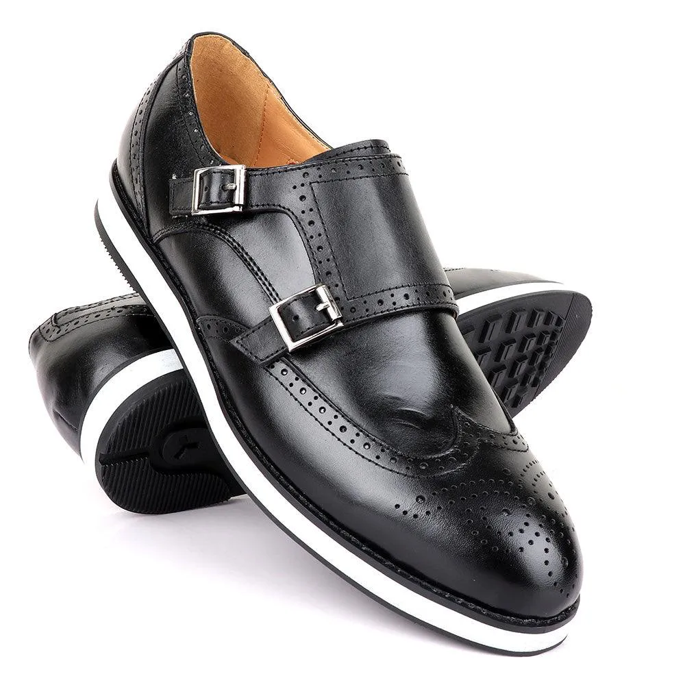 John Foster Mens Double Monk Strap Brogues Shoes-Black