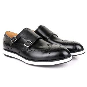 John Foster Mens Double Monk Strap Brogues Shoes-Black