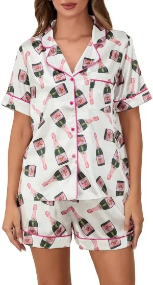 Juakoso Women Champagne Bottle Pajamas Sets Wine Can Print Pjs Sets Silk Satin 2 Piece Sets Short Sleeve Shirts Shorts Sets