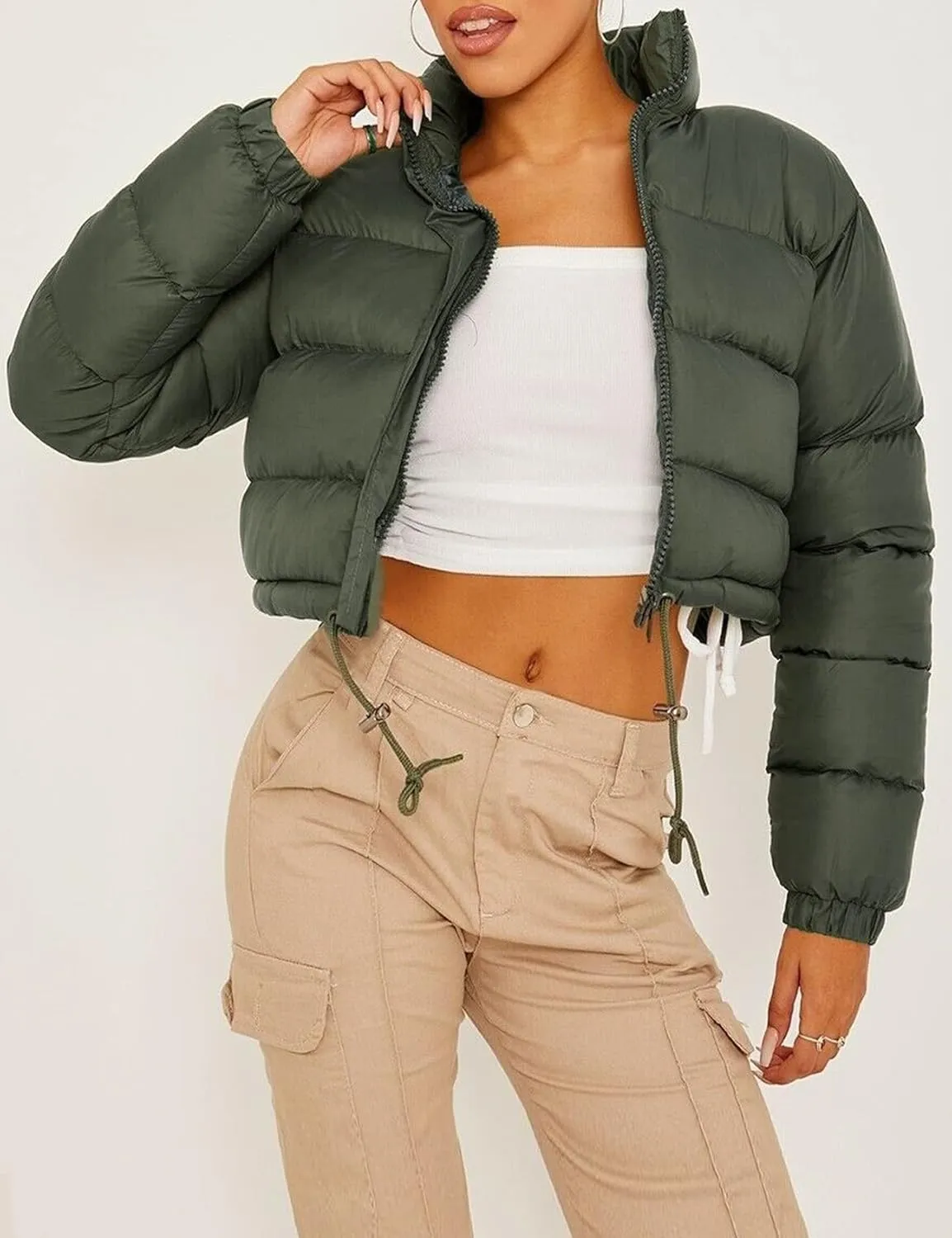 Kissonic Womens Cropped Puffer Jacket, Winter Puffer Jacket Packable Long Sleeve Zip Short Warm Down Coat with Drawstring