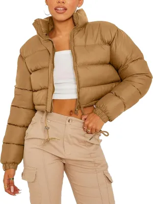 Kissonic Womens Cropped Puffer Jacket, Winter Puffer Jacket Packable Long Sleeve Zip Short Warm Down Coat with Drawstring