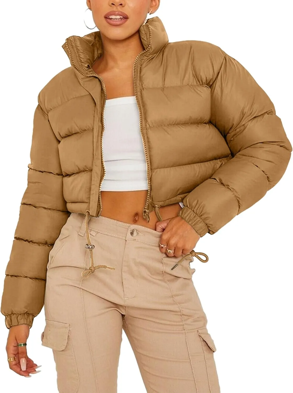 Kissonic Womens Cropped Puffer Jacket, Winter Puffer Jacket Packable Long Sleeve Zip Short Warm Down Coat with Drawstring