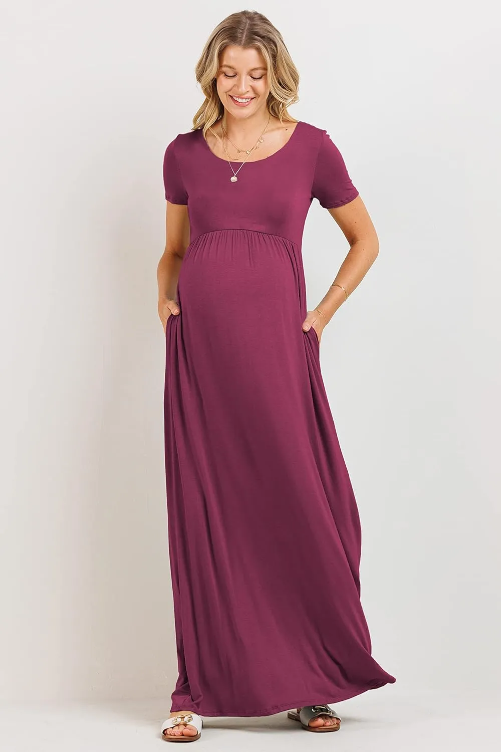 LaClef Women's Maternity Short Sleeve Empire Waist Summer Maxi Dress with Pockets