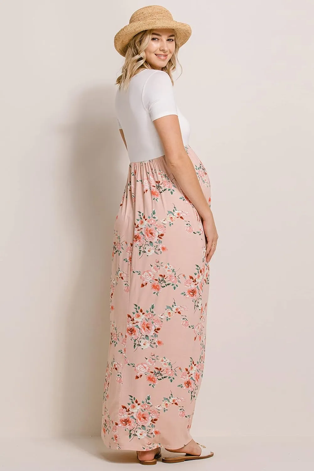 LaClef Women's Maternity Short Sleeve Empire Waist Summer Maxi Dress with Pockets