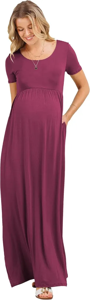 LaClef Women's Maternity Short Sleeve Empire Waist Summer Maxi Dress with Pockets