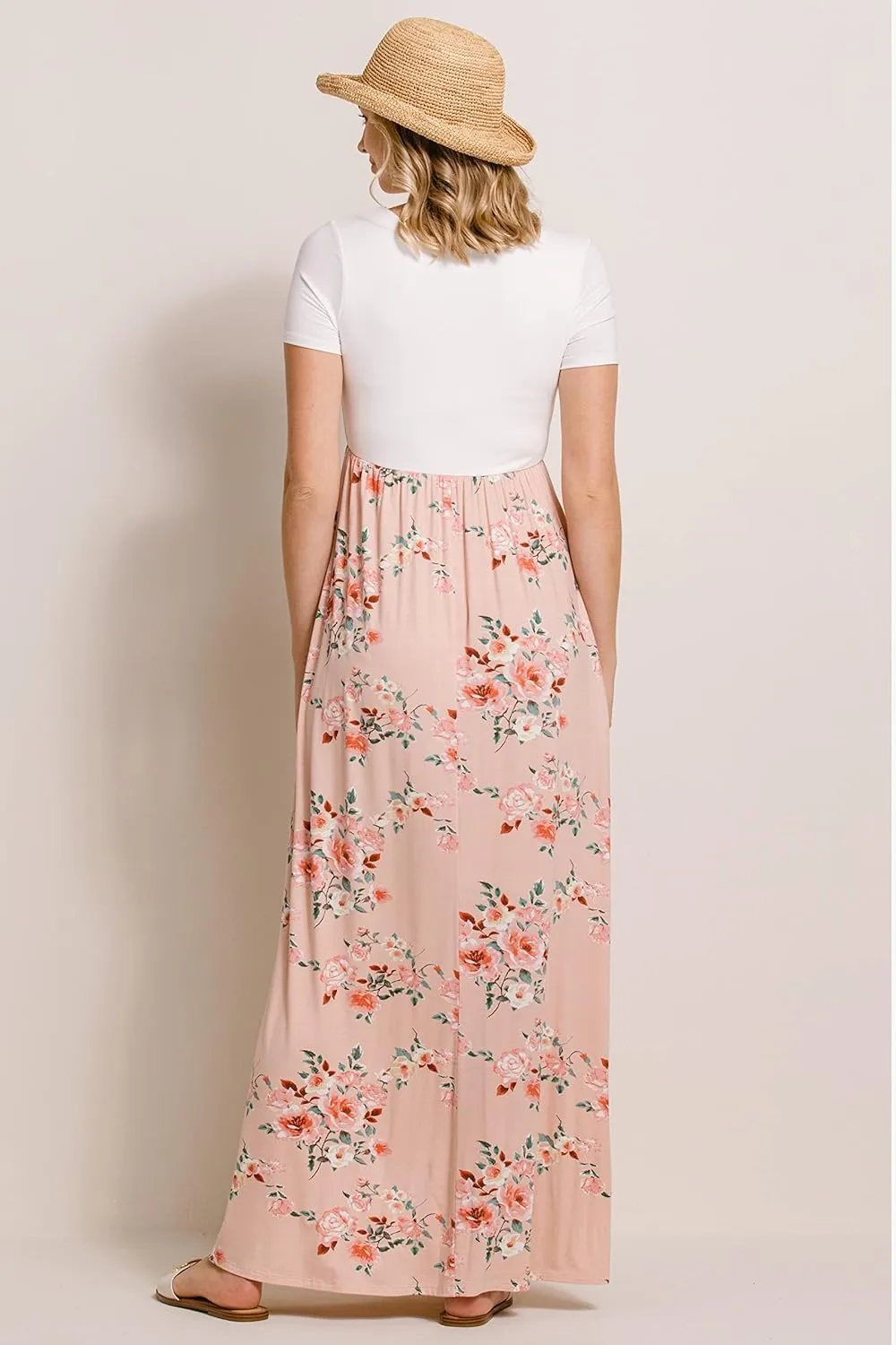 LaClef Women's Maternity Short Sleeve Empire Waist Summer Maxi Dress with Pockets