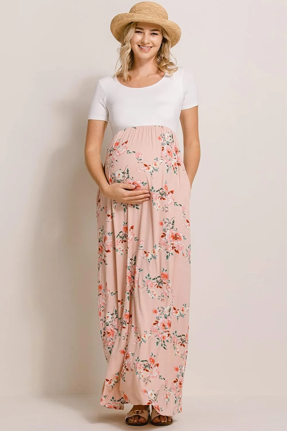 LaClef Women's Maternity Short Sleeve Empire Waist Summer Maxi Dress with Pockets