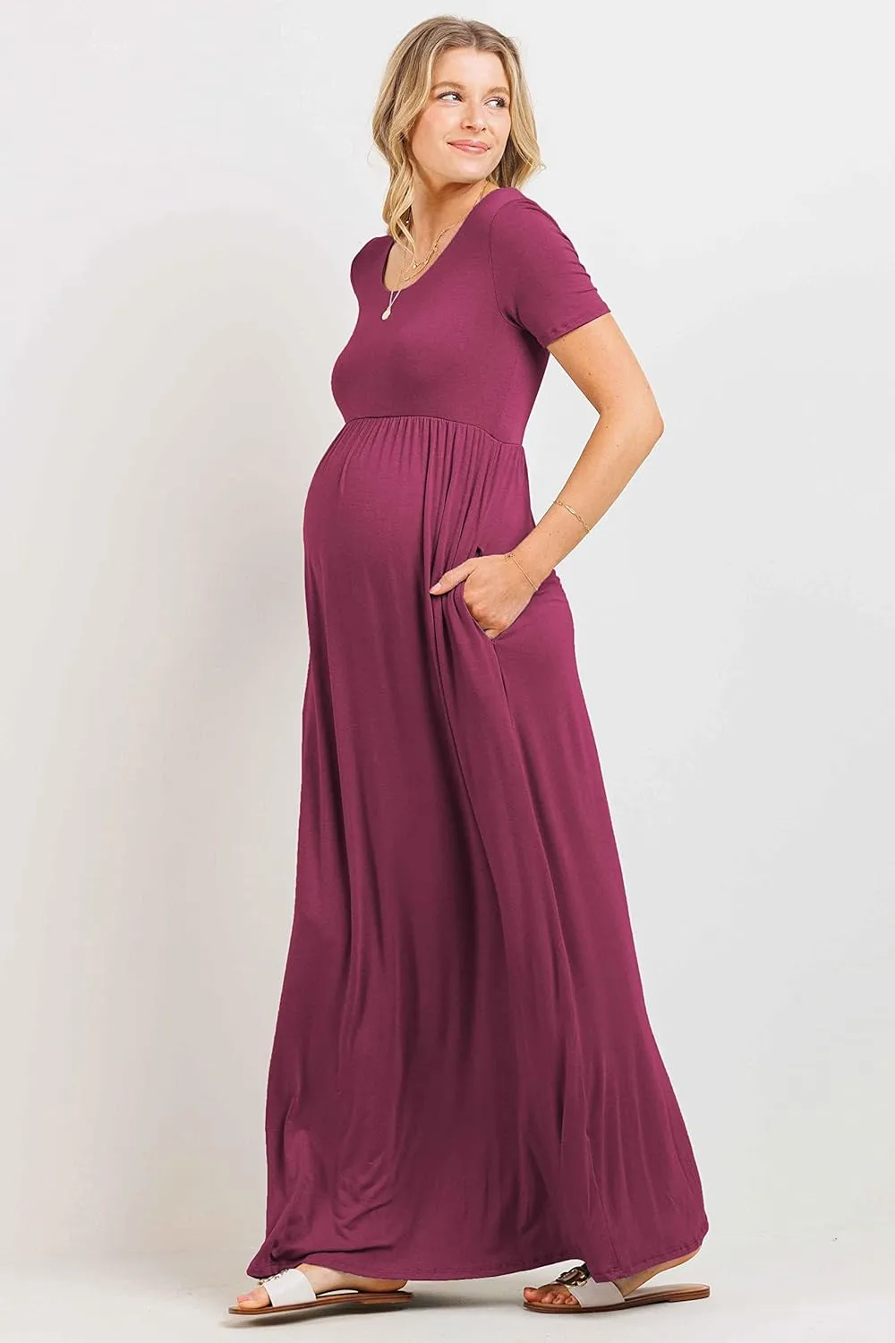 LaClef Women's Maternity Short Sleeve Empire Waist Summer Maxi Dress with Pockets