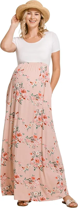 LaClef Women's Maternity Short Sleeve Empire Waist Summer Maxi Dress with Pockets