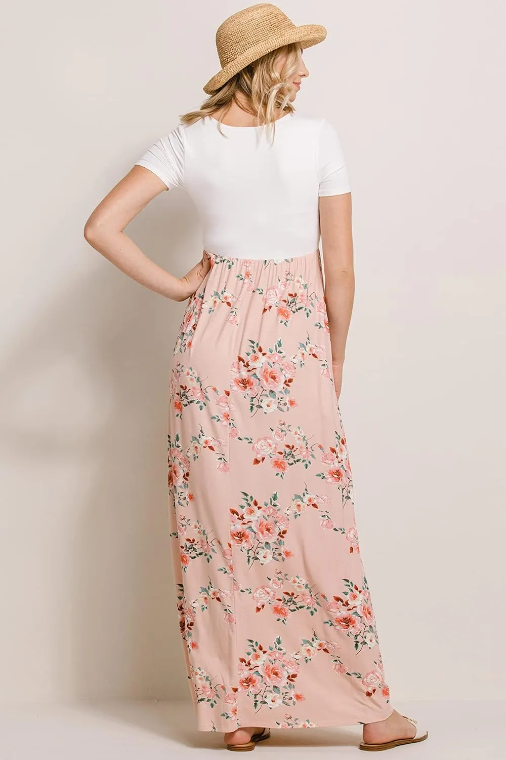 LaClef Women's Maternity Short Sleeve Empire Waist Summer Maxi Dress with Pockets