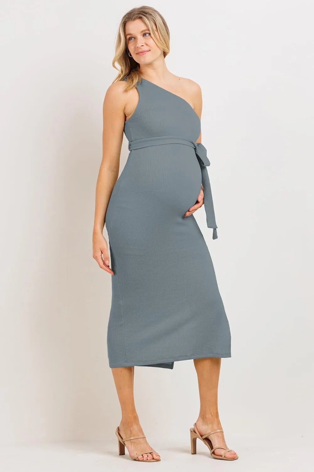 LaClef Womens One Shoulder Side Slit Tie Waist Maternity Dress